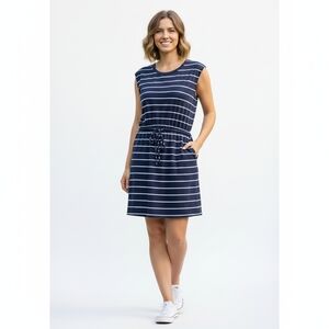 Banana Republic Navy and White Striped Midi Dress With Cap Sleeve Slit Back Sz M